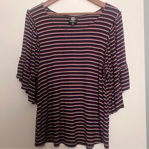 bobeau Navy Striped Short Sleeve Ruffle Top with Red and White Stripes- Medium